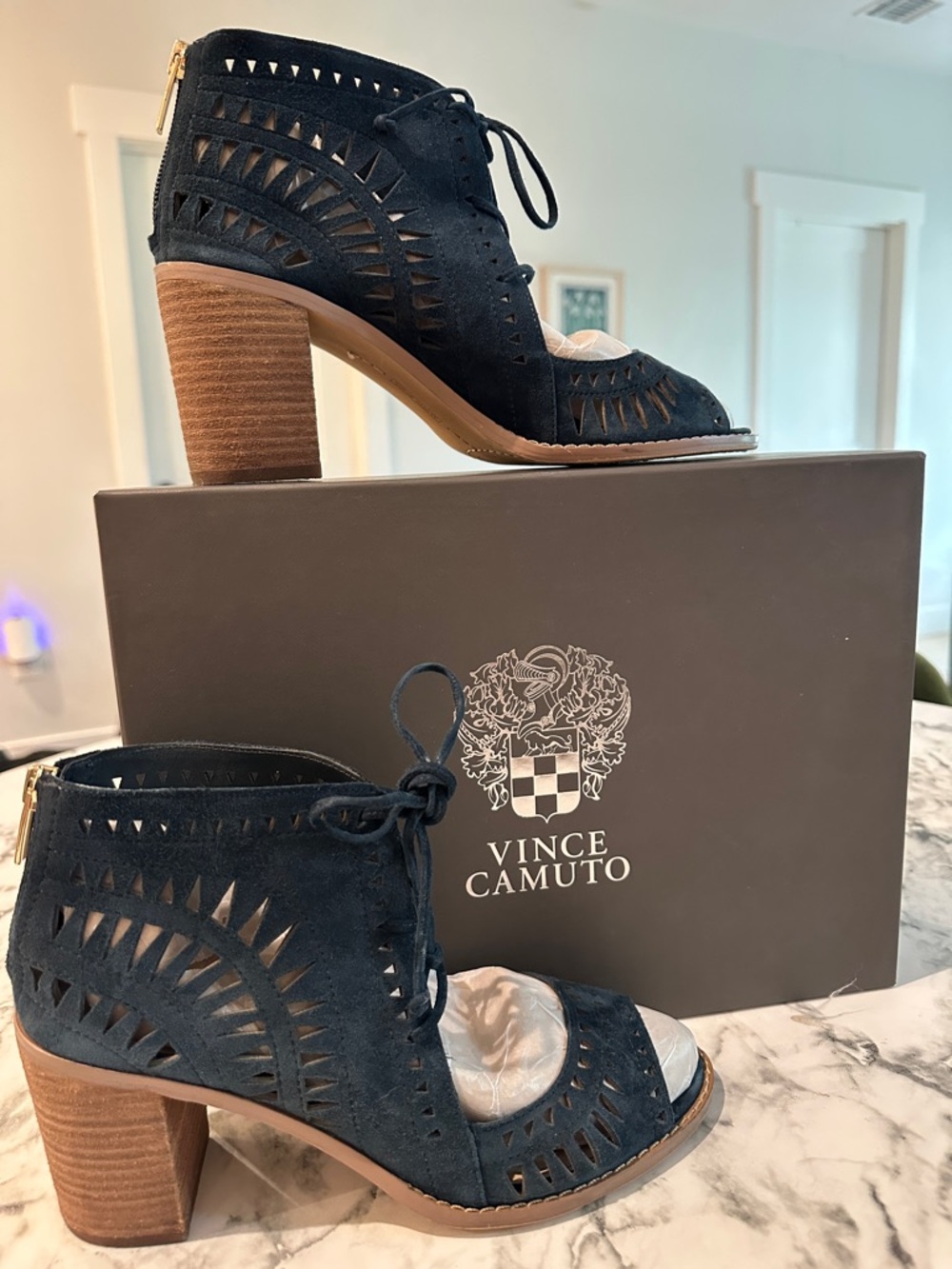 Vince Camuto Tarita Dark Navy Suede Cutout Lace-Up Peep-Toe Block Heel Sandals